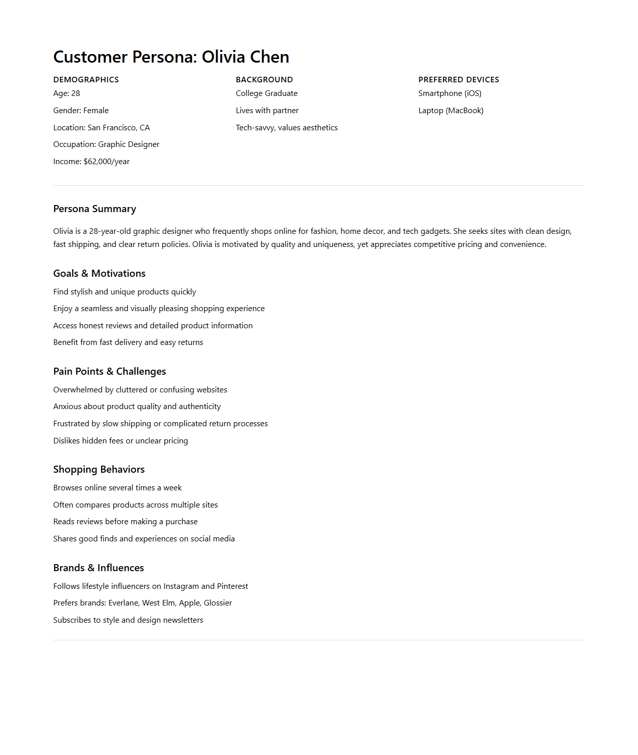 E-commerce Customer Persona Document Sample for Online Retail