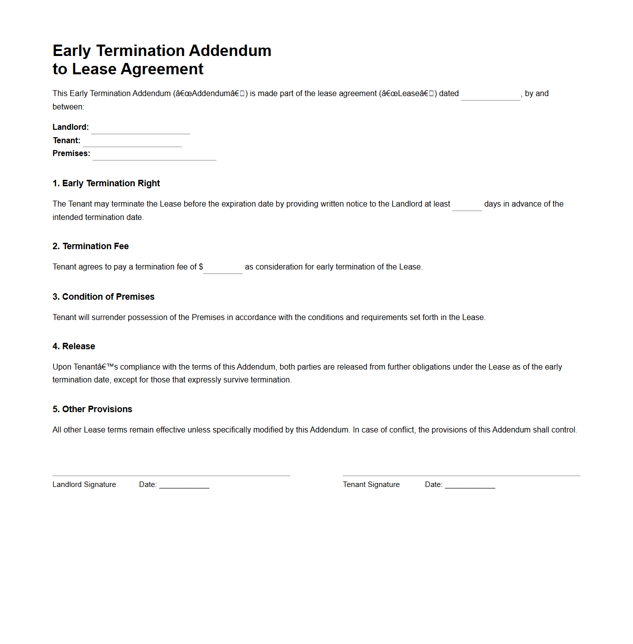 Early Termination Addendum for Lease Contracts