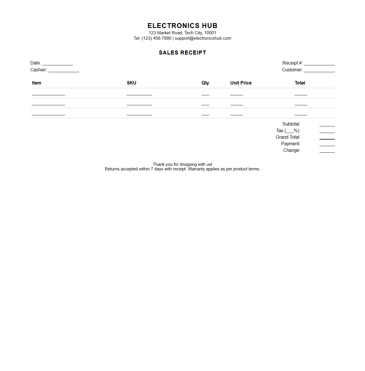 Electronics Shop POS Sales Receipt Layout