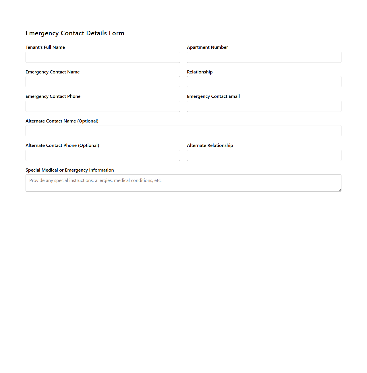 Emergency Contact Details Form for Apartment Rental