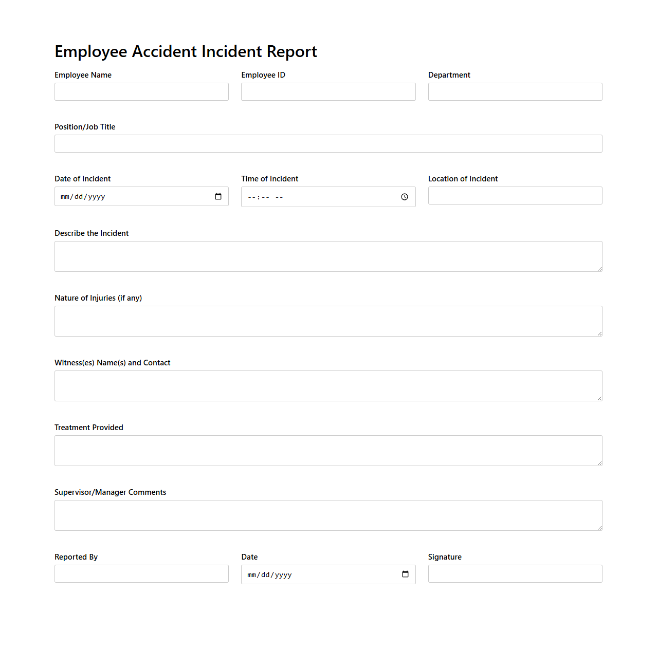 Employee Accident Incident Report for Workplace Insurance