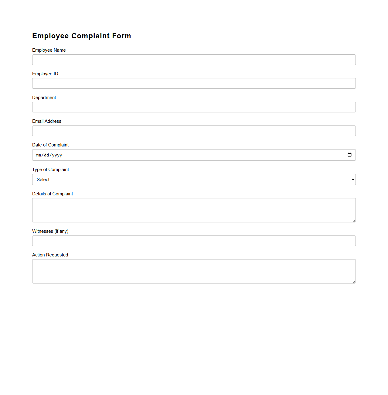 Employee Complaint Form Example