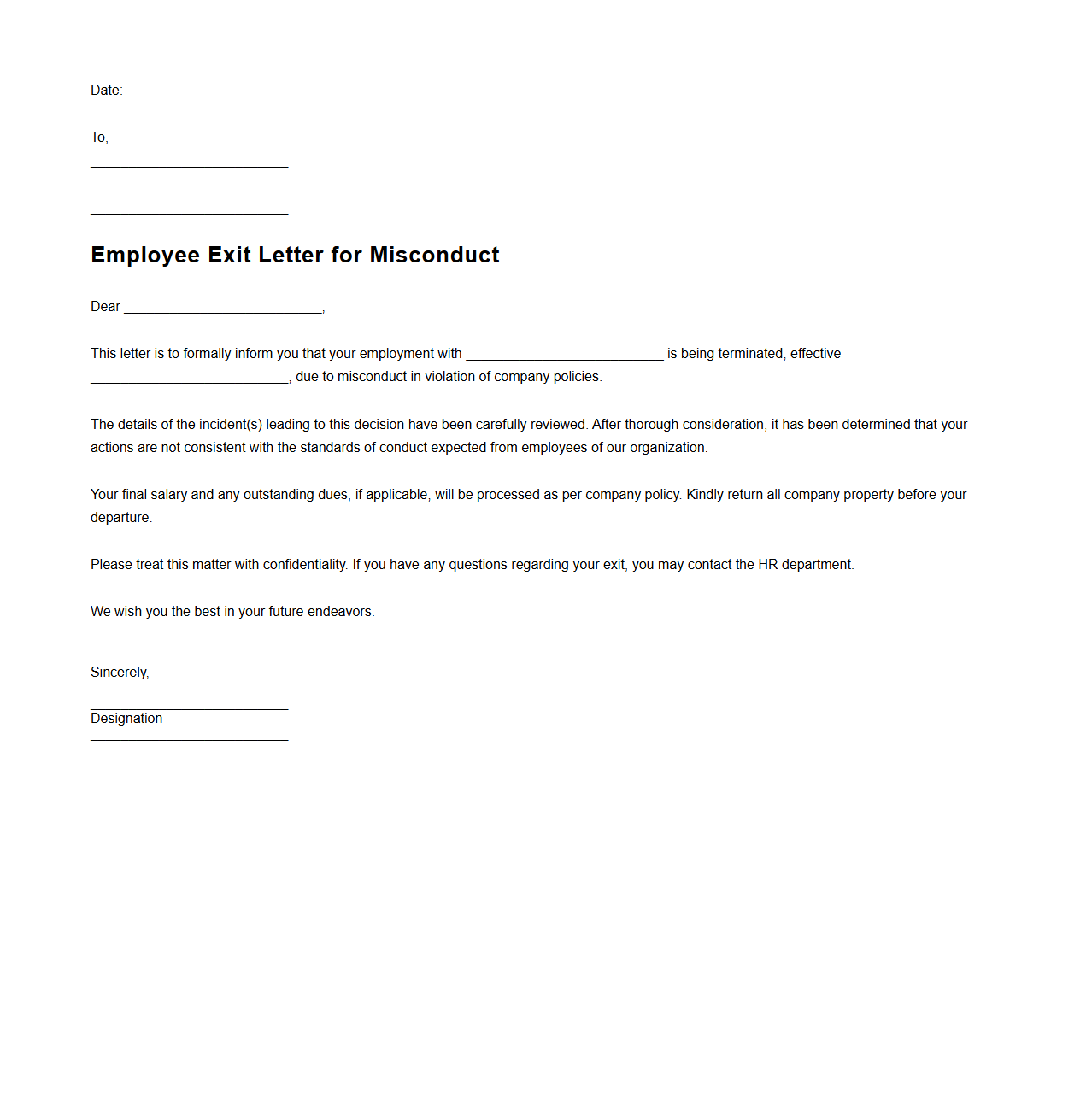 Employee Exit Letter for Misconduct