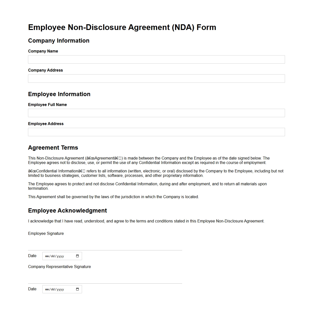 Employee Non-Disclosure Agreement Form