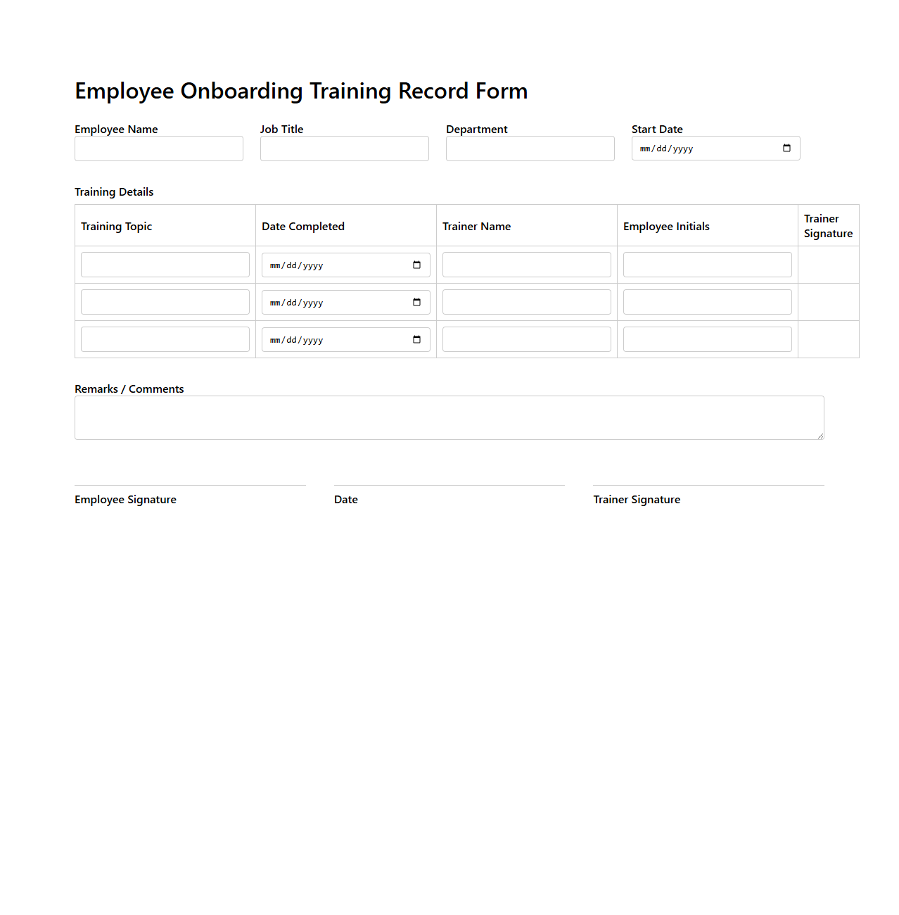 Employee Onboarding Training Record Form