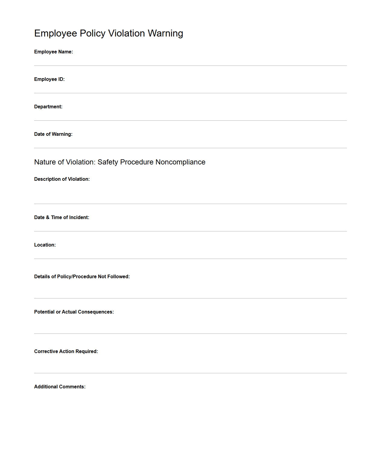 Employee Policy Violation Warning for Safety Procedure Noncompliance