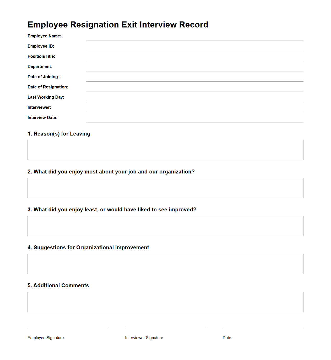 Employee Resignation Exit Interview Record