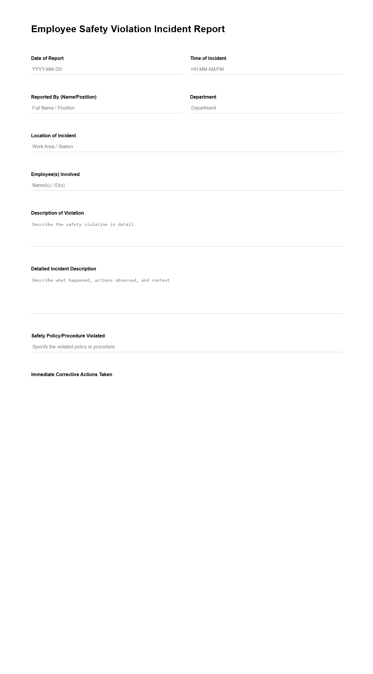 Employee Safety Violation Incident Report Sample for Manufacturing