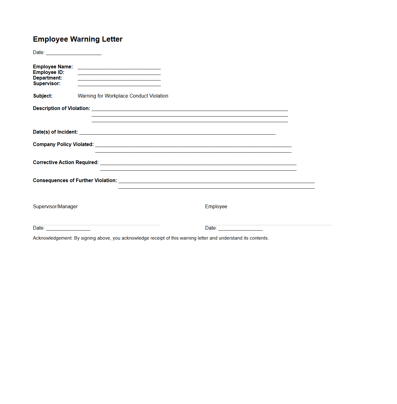 Employee Warning Letter for Workplace Conduct Violation