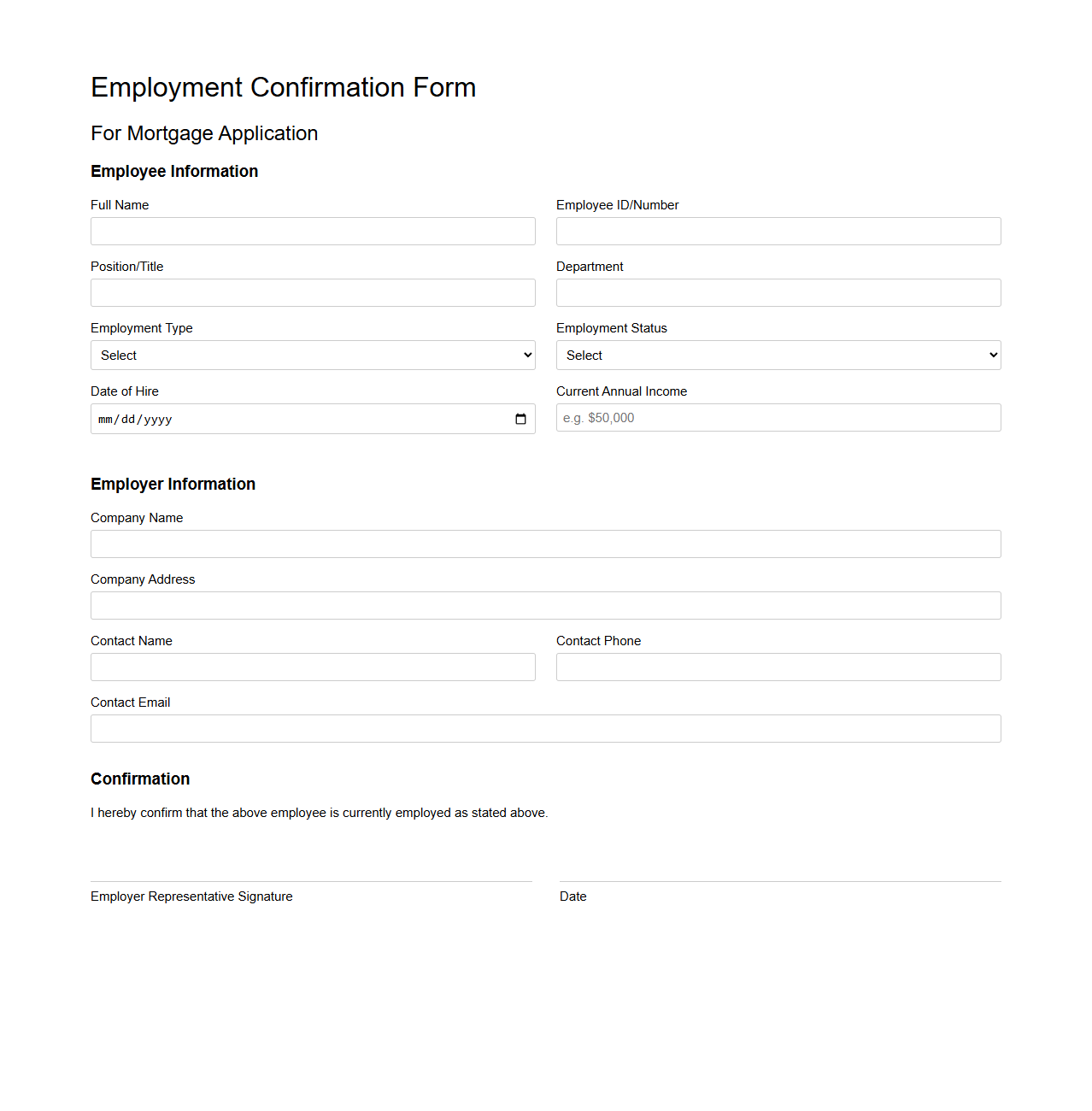 Employment Confirmation Form for Mortgage Application