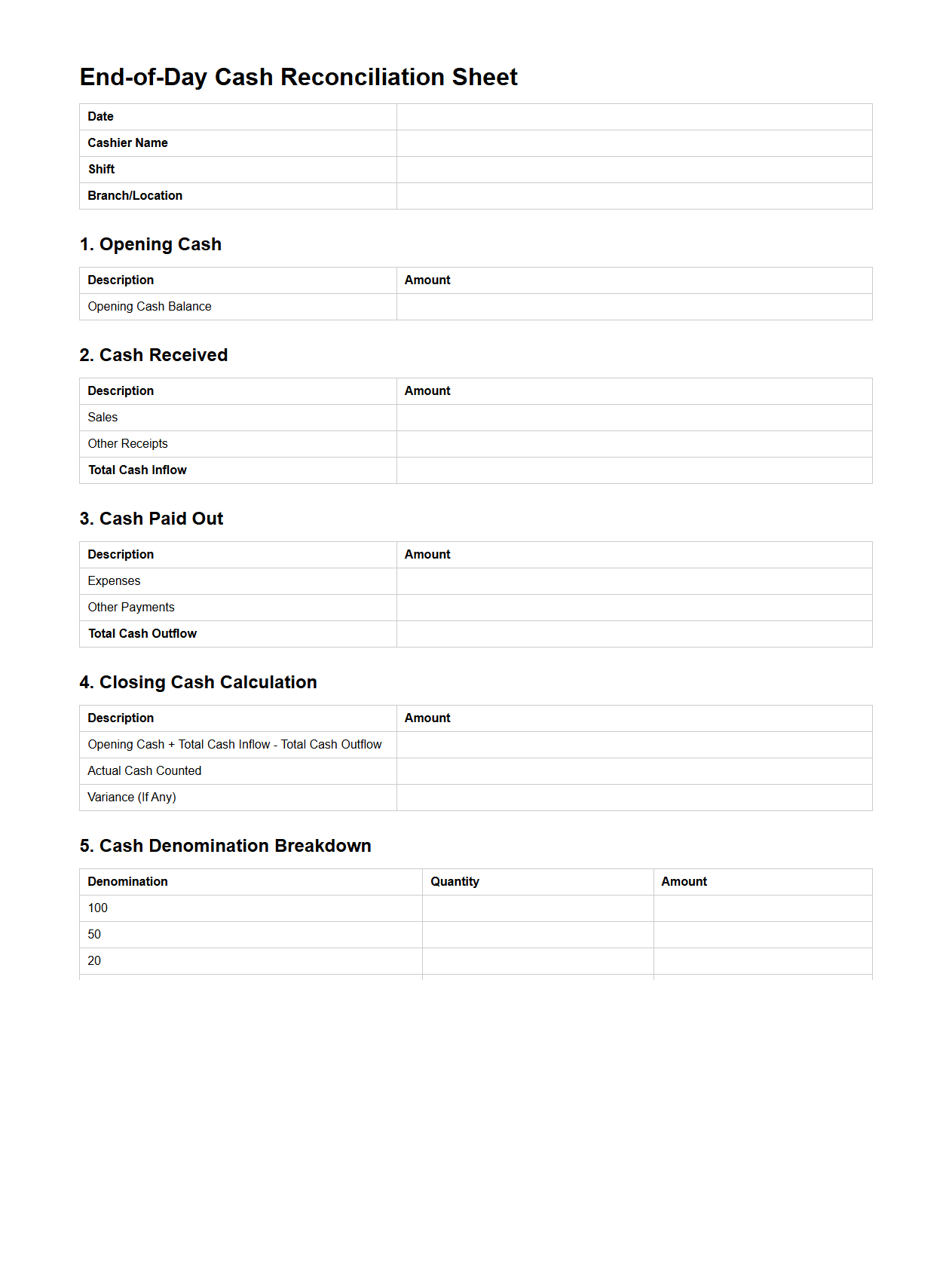 End-of-Day Cash Reconciliation Sheet Template