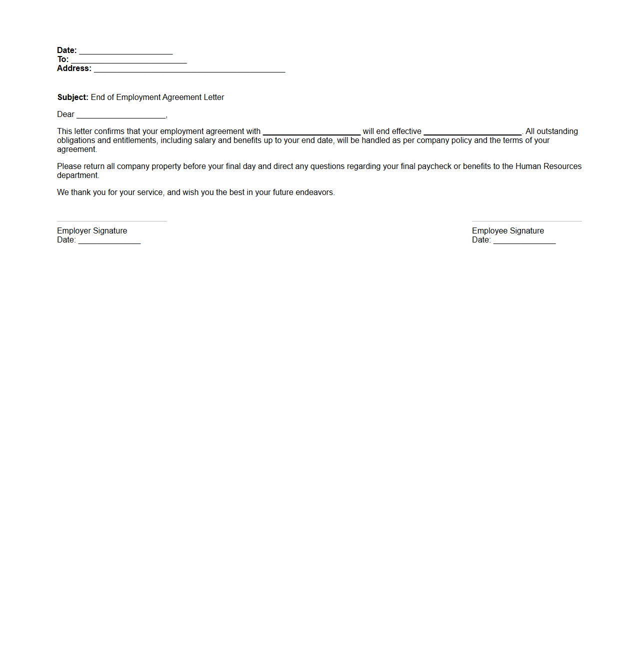 End of Employment Agreement Letter