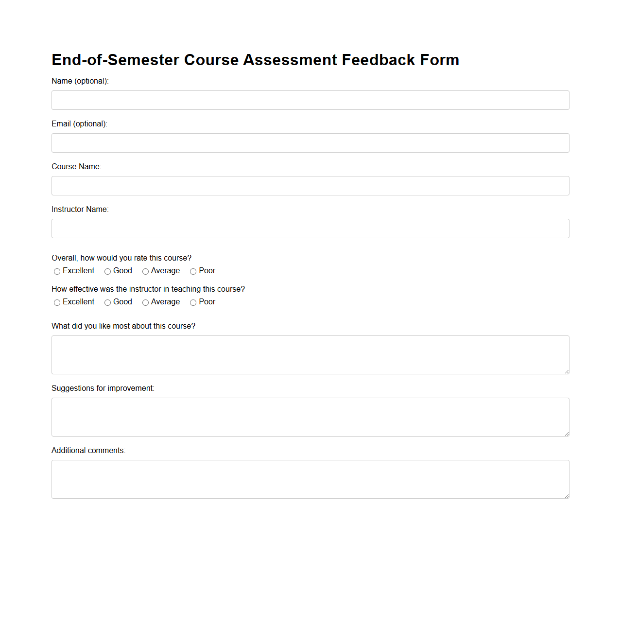 End-of-Semester Course Assessment Feedback Form
