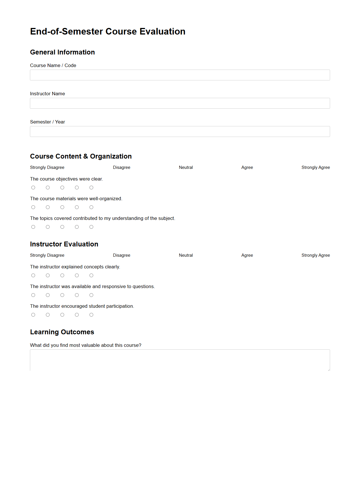 End-of-Semester Course Evaluation Template for University Instructors