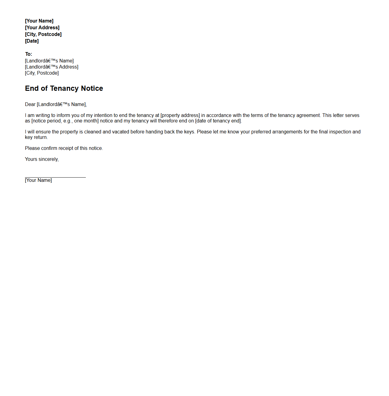 End of Tenancy Letter to Landlord Format