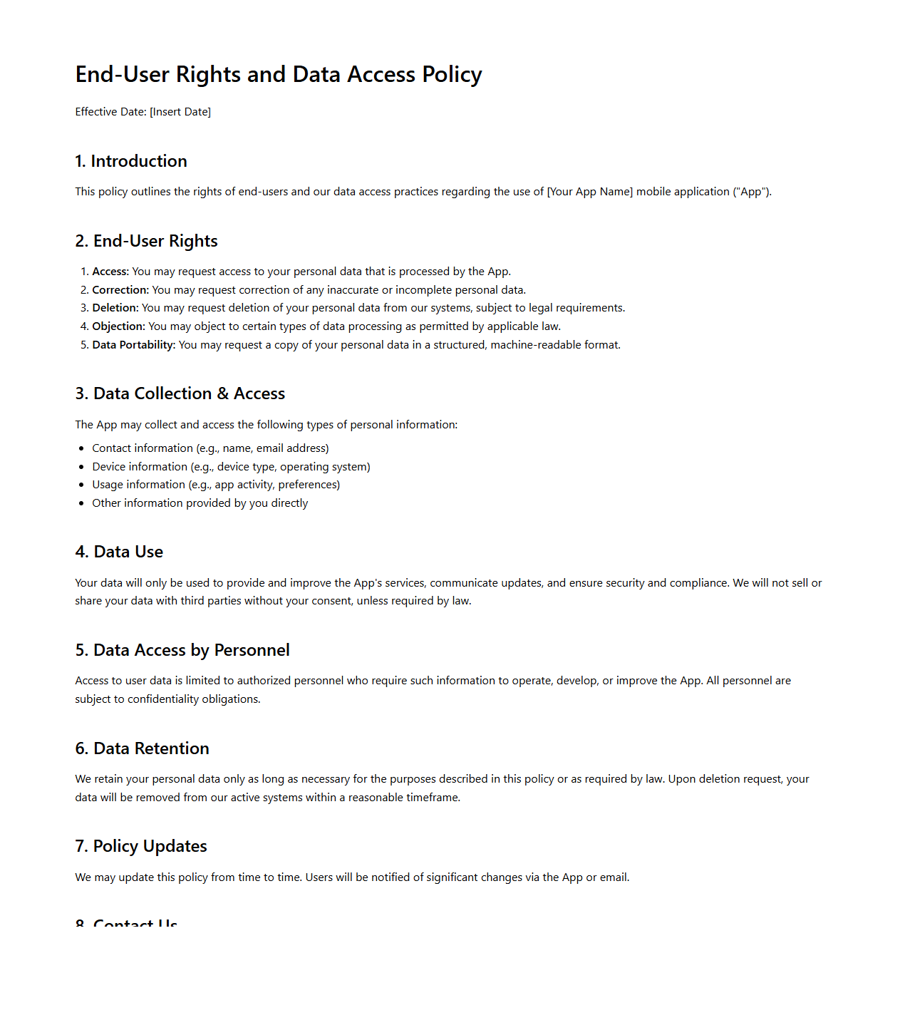 End-User Rights and Data Access Policy Sample for Mobile Apps