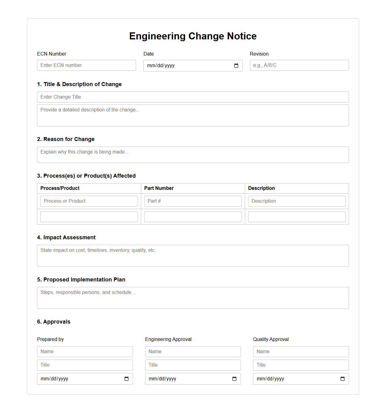Engineering Change Notice Template for Manufacturing Processes