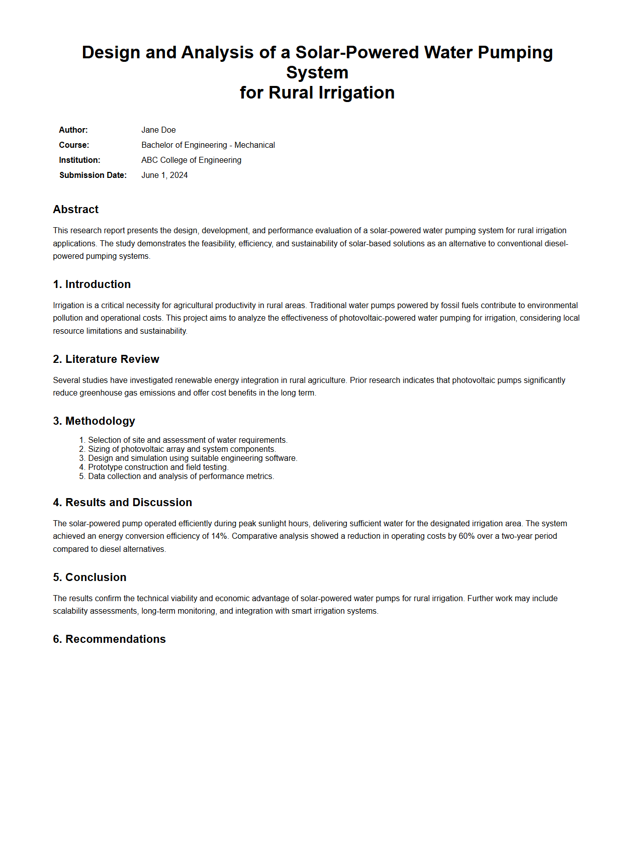 Engineering Research Report Example for College Projects