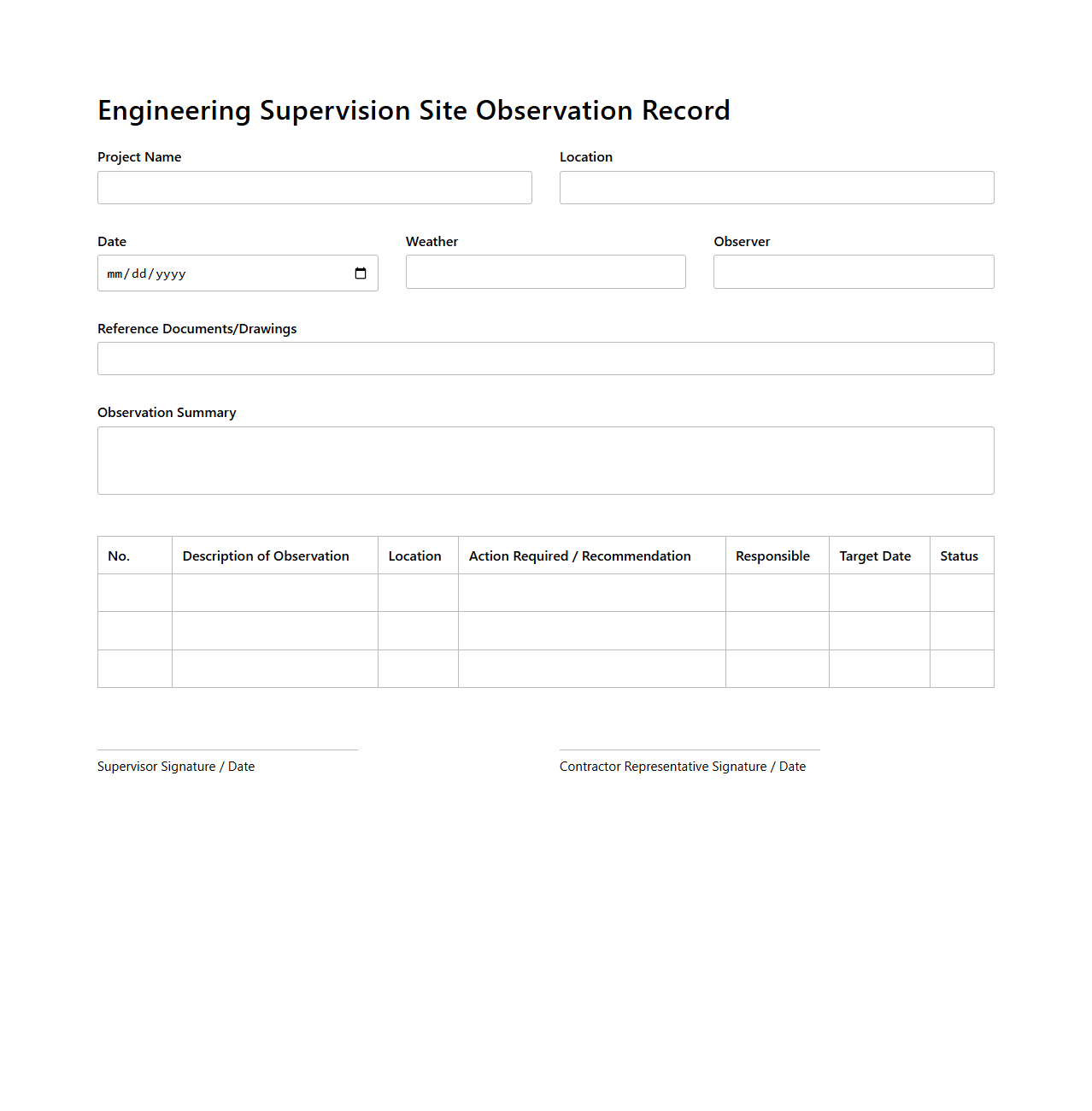 Engineering Supervision Site Observation Record