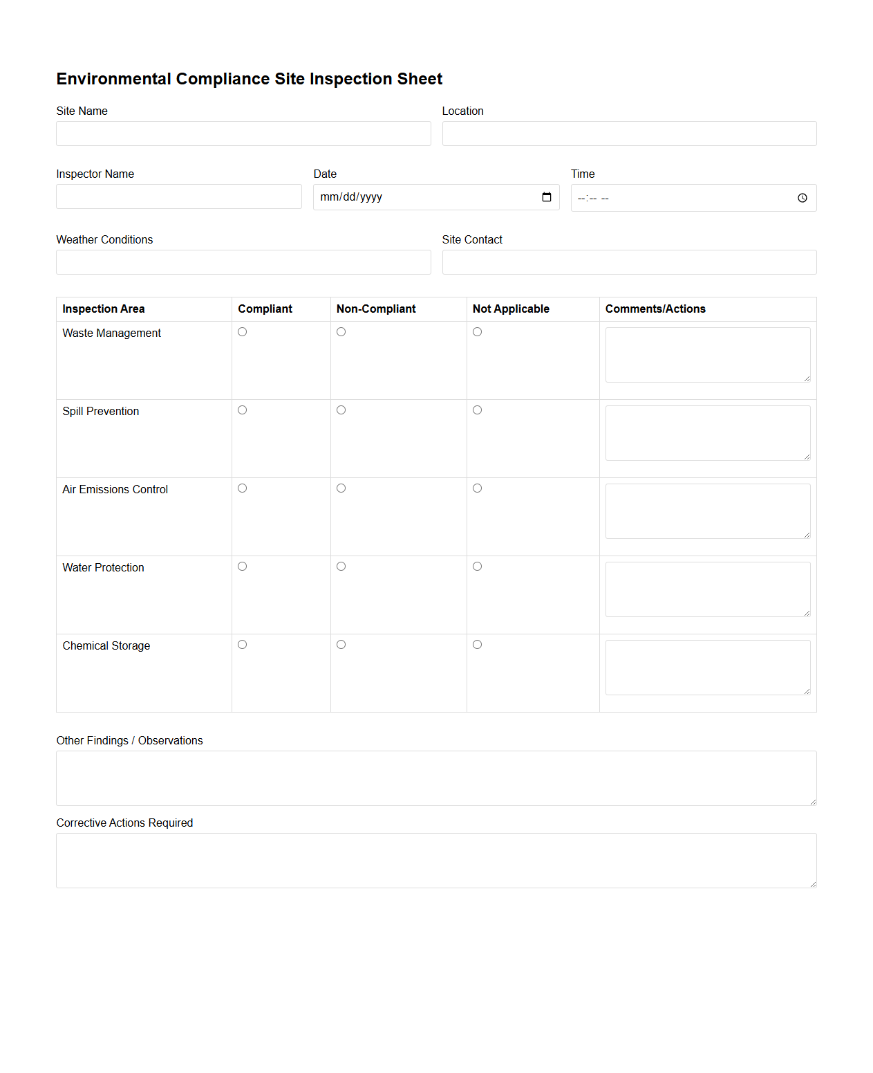 Environmental Compliance Site Inspection Sheet