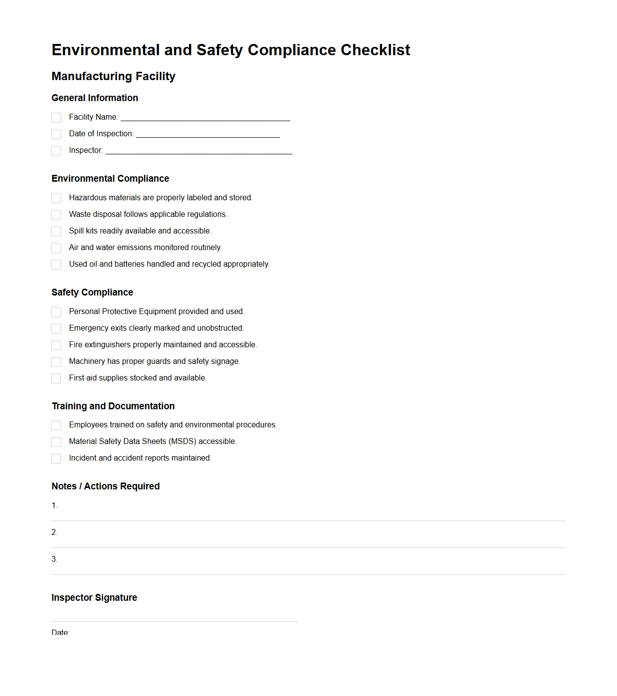 Environmental and Safety Compliance Checklist for Manufacturing