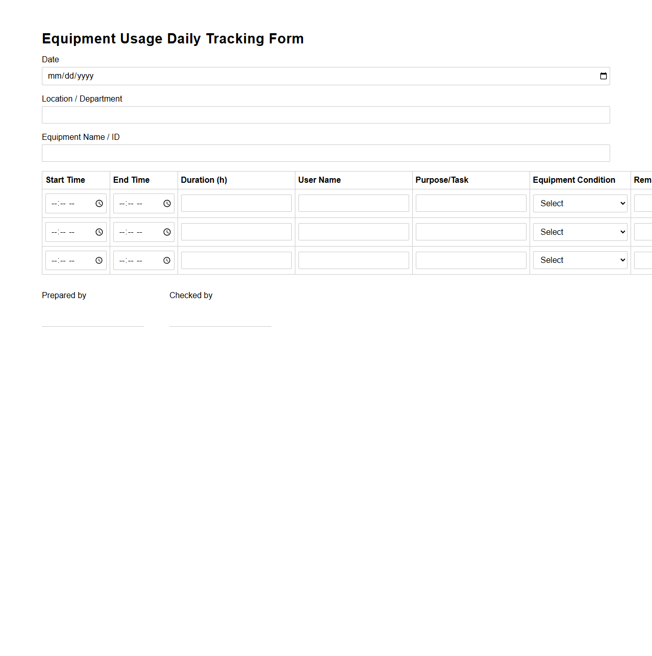 Equipment Usage Daily Tracking Form