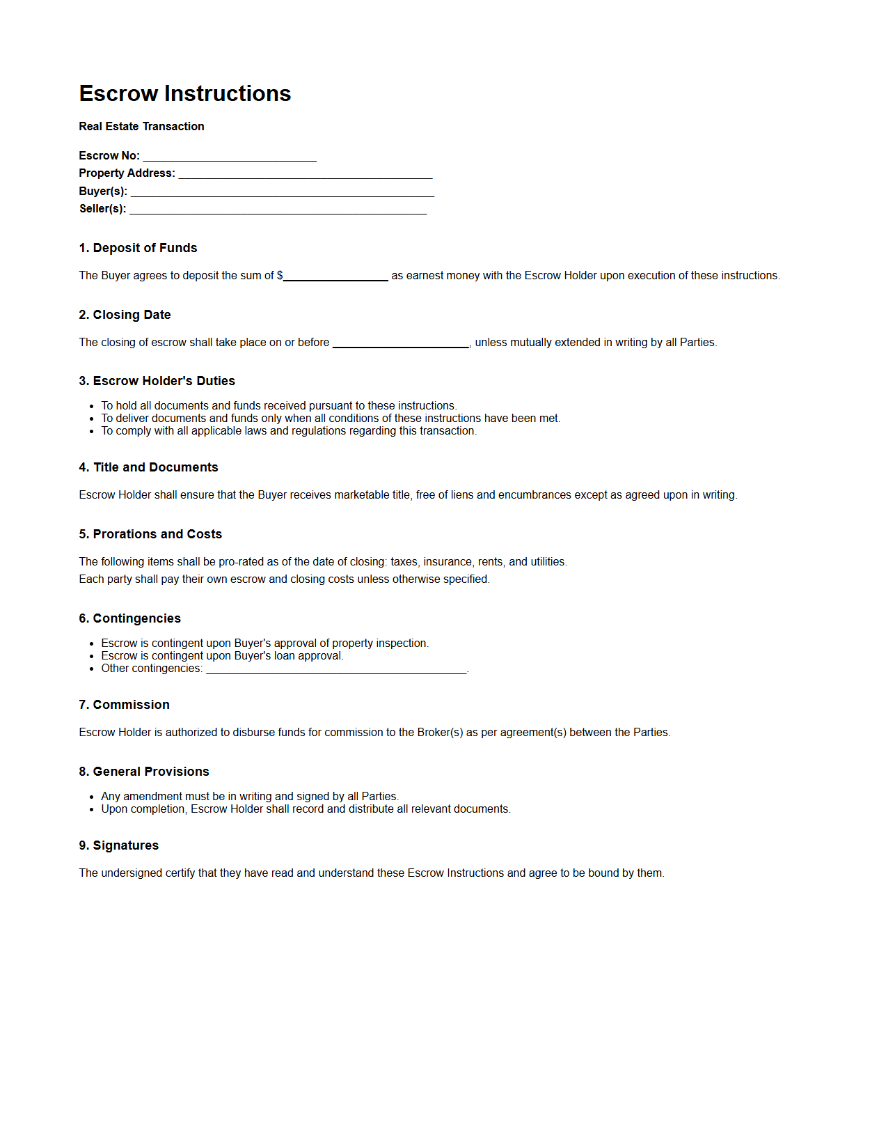 Escrow Instructions for Real Estate Transactions