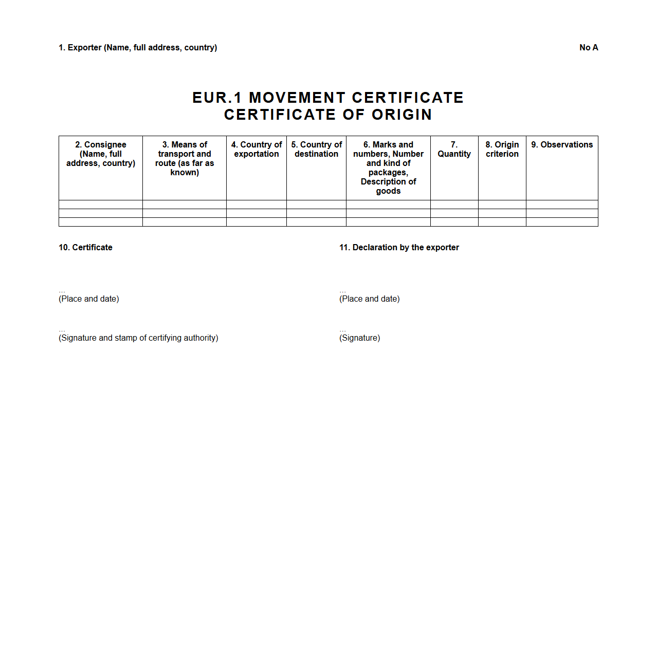 EUR.1 Movement Certificate of Origin Sample