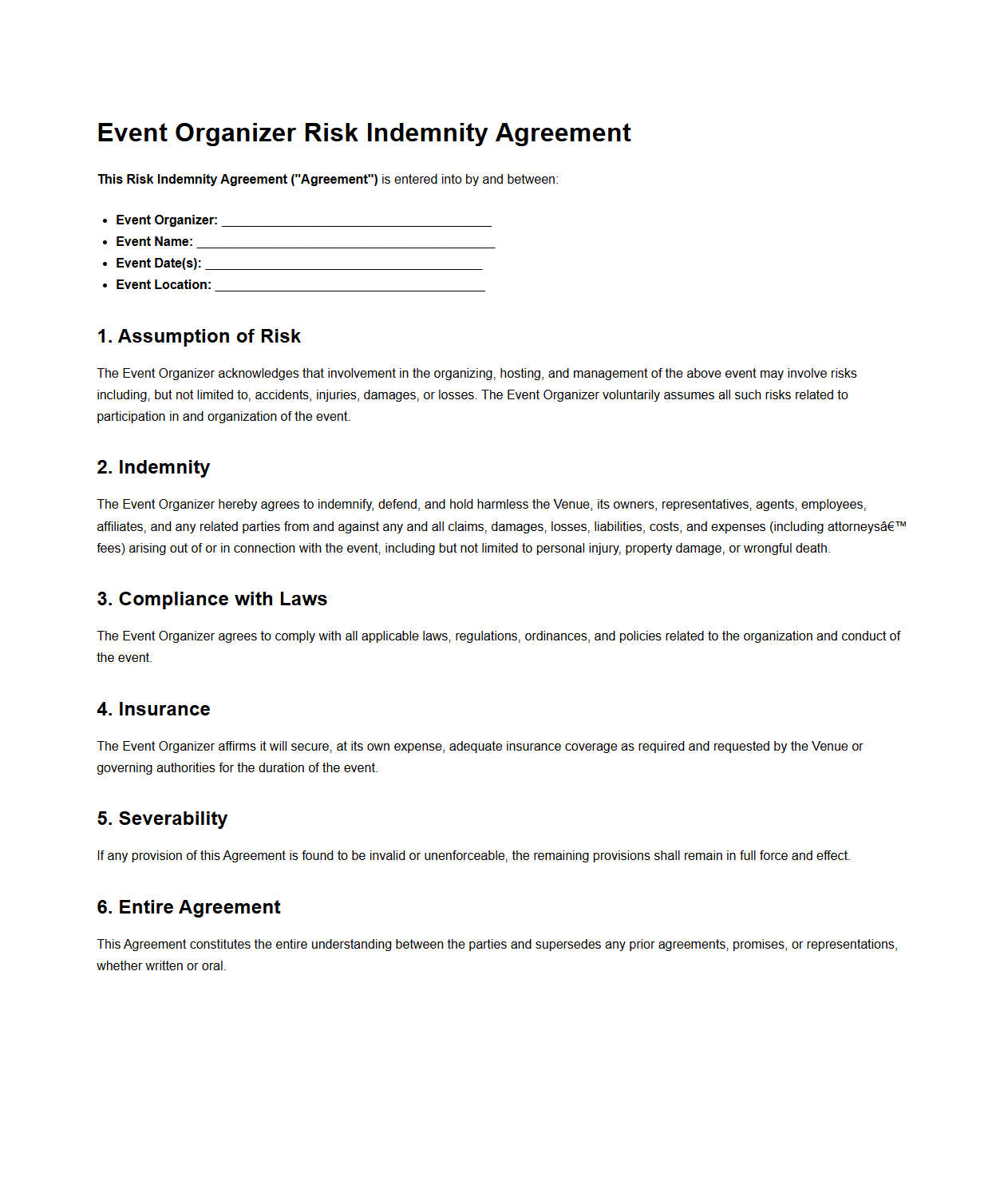 Event Organizer Risk Indemnity Agreement Template