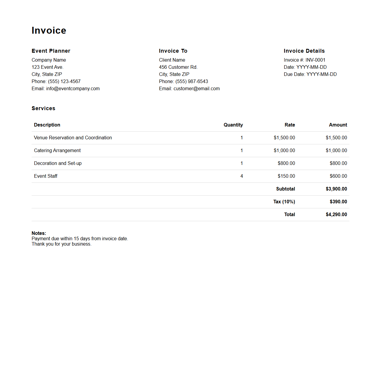 Event Planning Service Charge Invoice