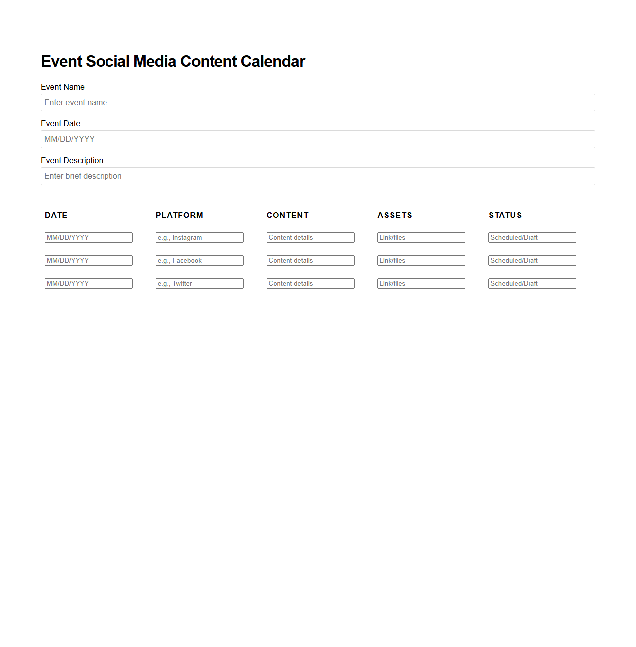 Event Social Media Content Calendar