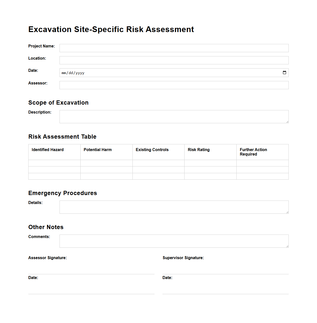 Excavation Site-Specific Risk Assessment Template