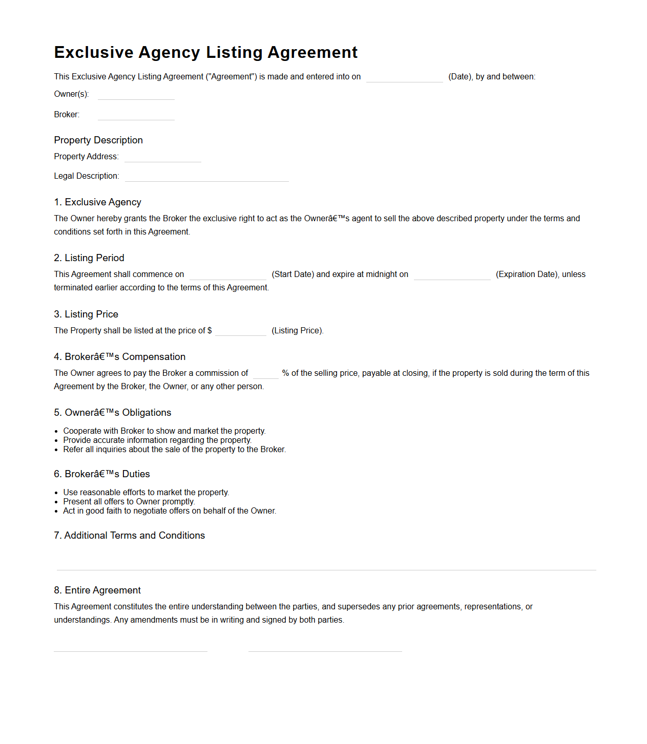 Exclusive Agency Listing Agreement Template