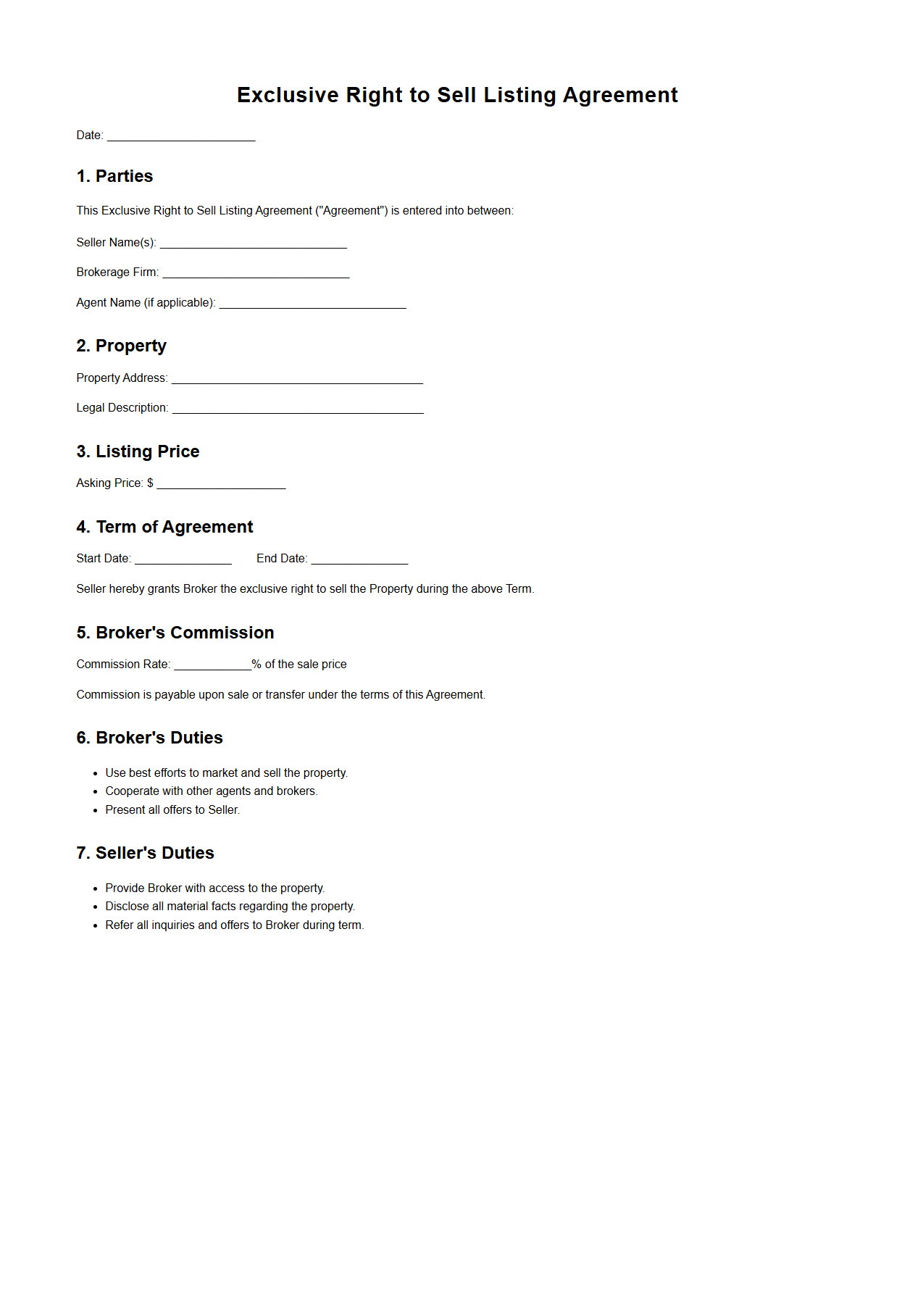 Exclusive Right to Sell Listing Agreement Template