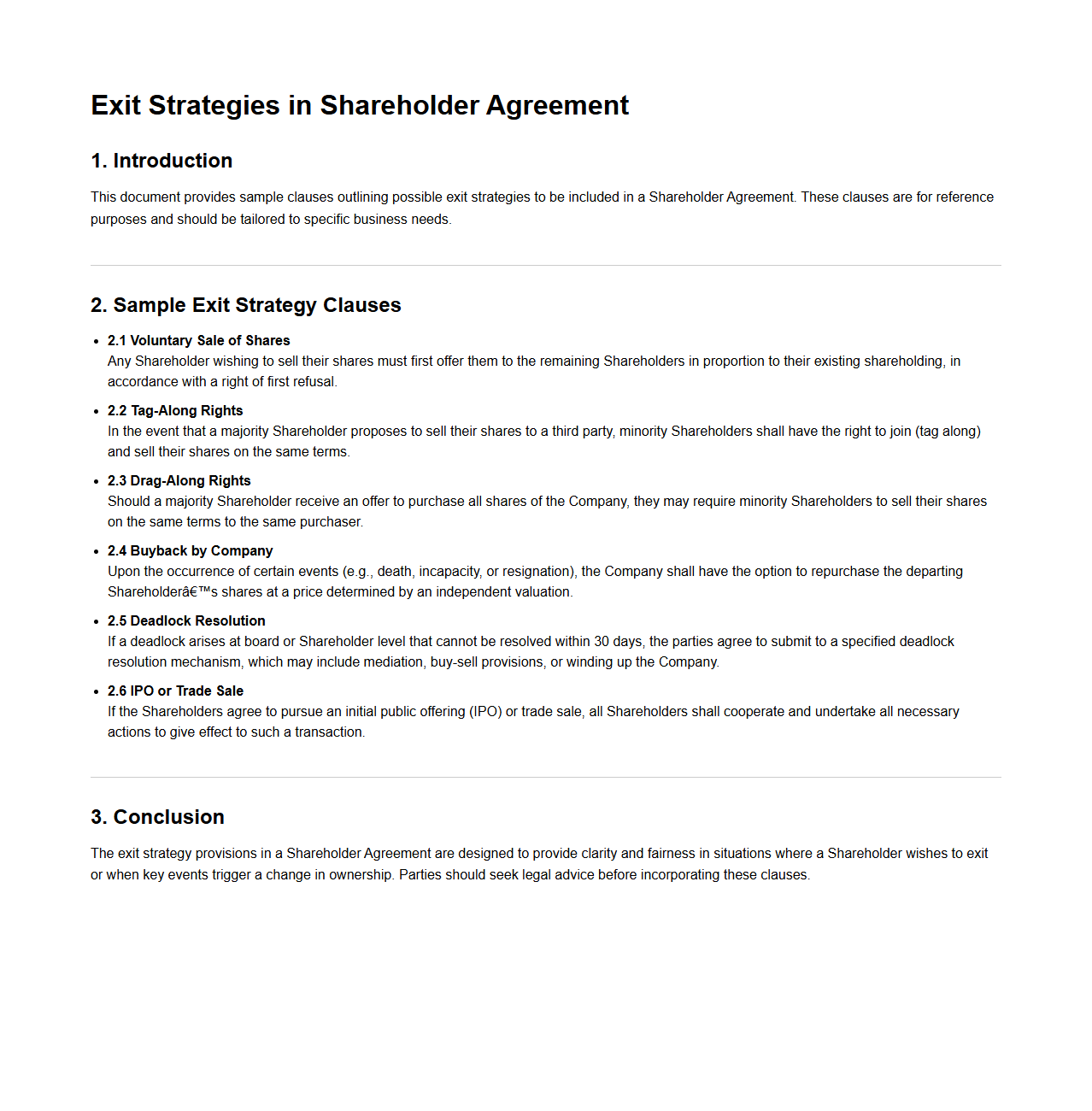 Exit Strategies in Shareholder Agreement Samples