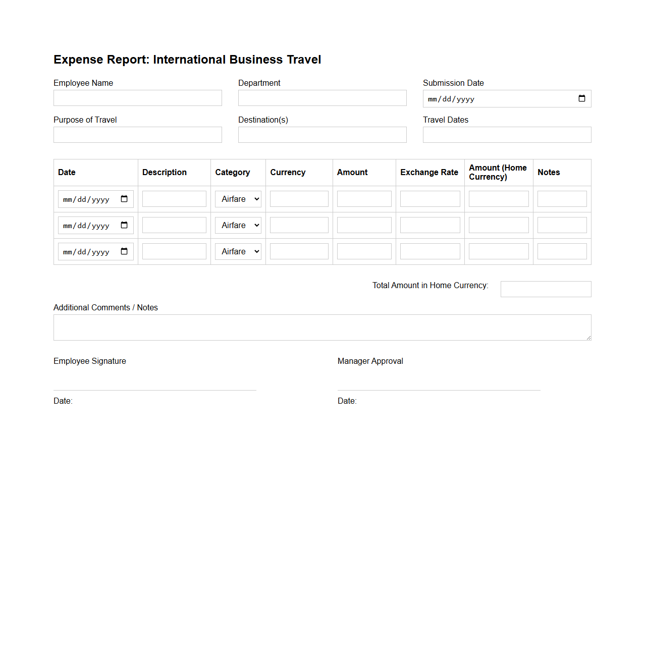 Expense Report Template for International Business Travel
