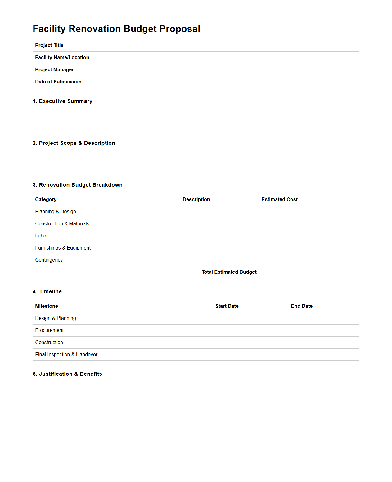 Facility Renovation Budget Proposal Format