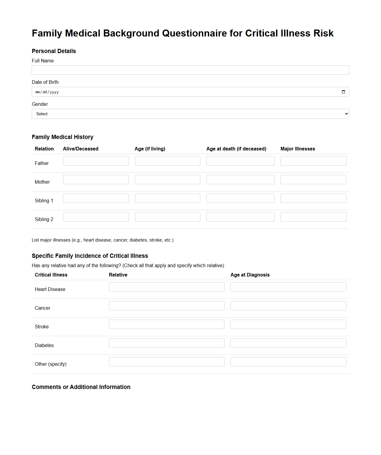 Family Medical Background Questionnaire for Critical Illness Risk