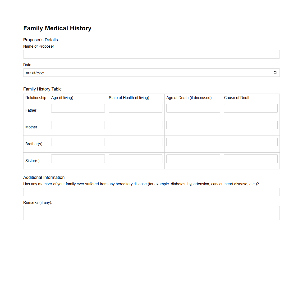 Family Medical History Segment for Life Insurance Proposal