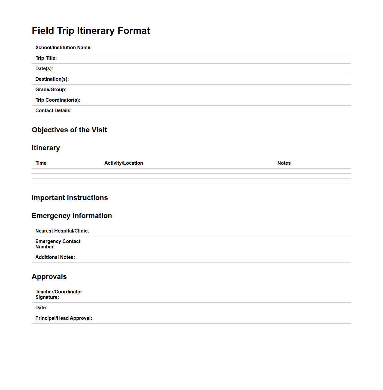 Field Trip Itinerary Format for Educational Visits