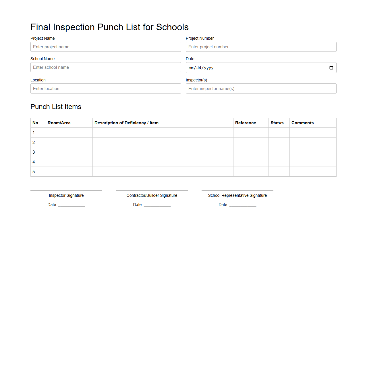Final Inspection Punch List for Schools