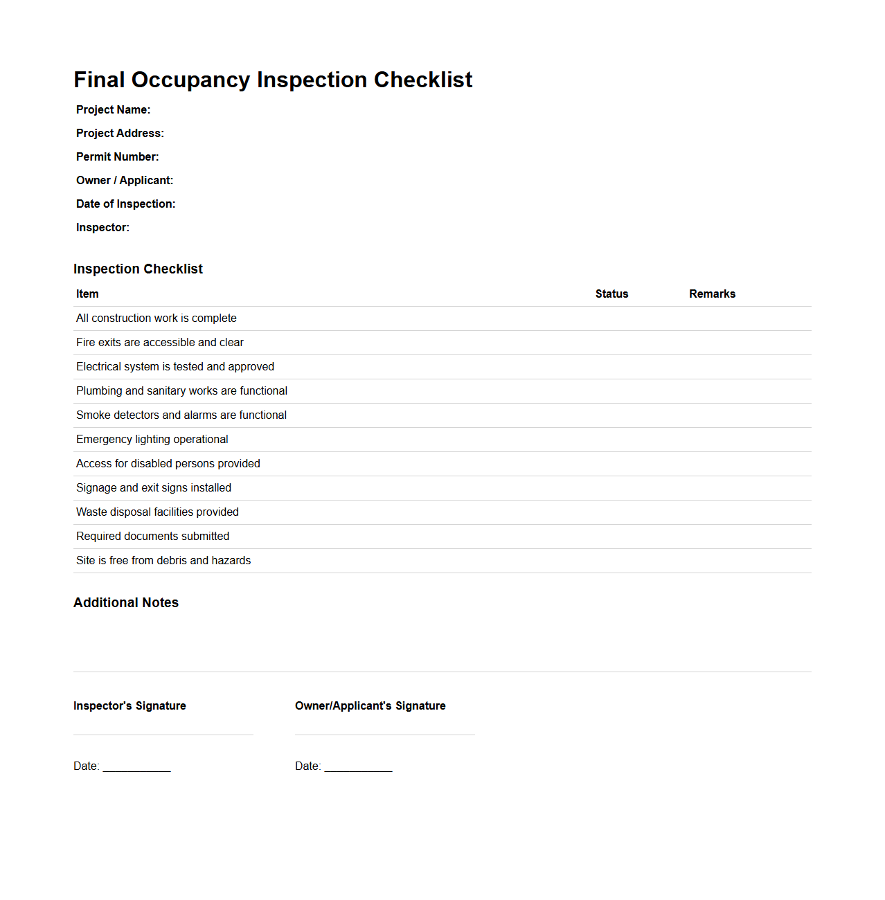 Final Occupancy Inspection Checklist Document for Building Construction