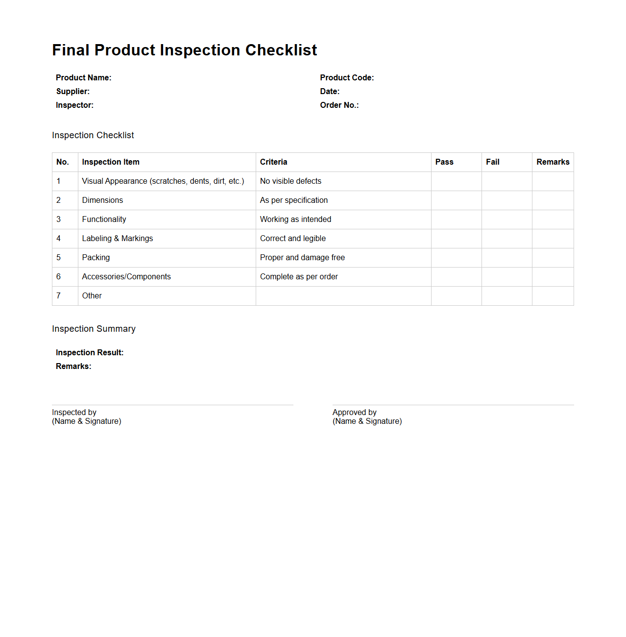 Final Product Inspection Checklist Example