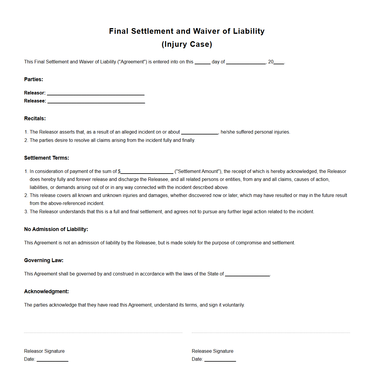 Final Settlement and Waiver of Liability for Injury Cases