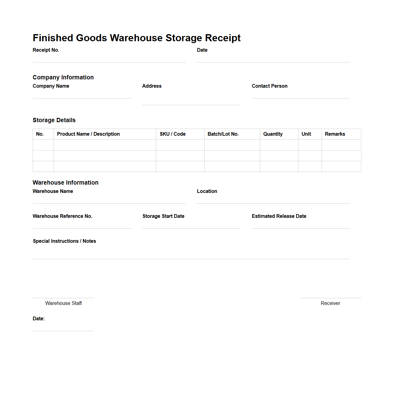 Finished Goods Warehouse Storage Receipt Document
