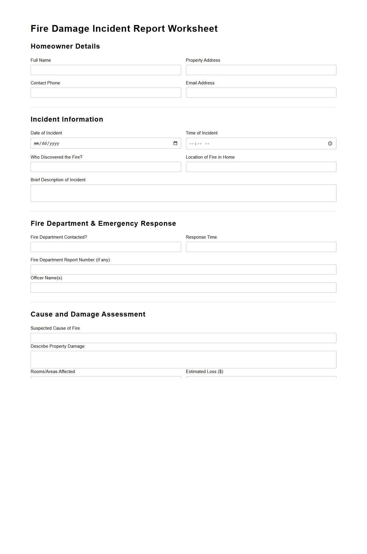 Fire Damage Incident Report Worksheet for Home Claims