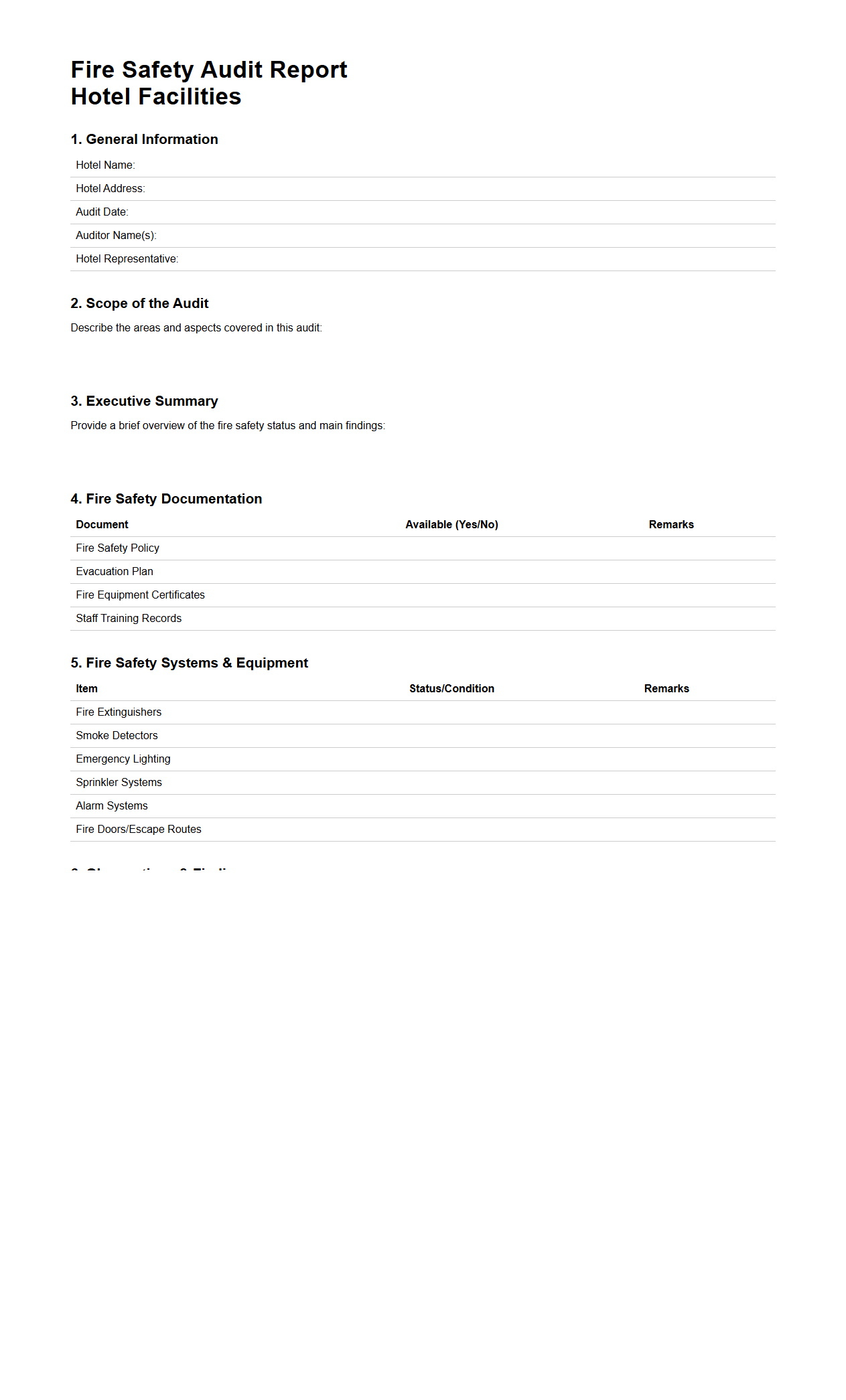 Fire Safety Audit Report Template for Hotel Facilities