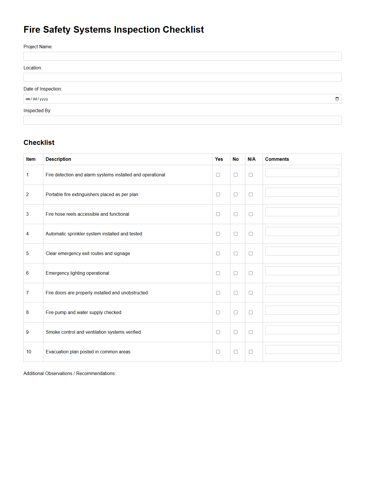 Fire Safety Systems Inspection Checklist for Building Projects