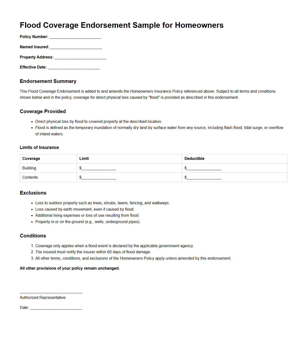 Flood Coverage Endorsement Sample for Homeowners