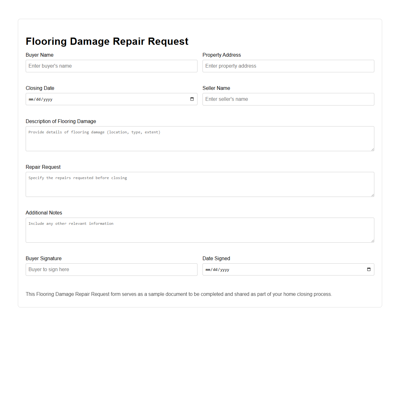 Flooring Damage Repair Request Example for Home Closing